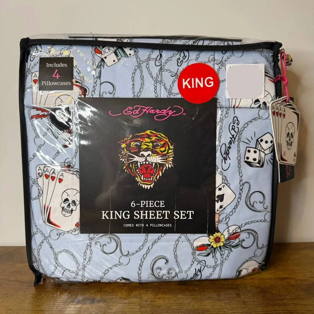 New Ed Hardy King 6 Pc Double Brushed Sheet Set Blue Dice Cards Chain Bedding